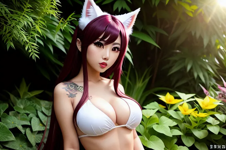 a photo shot of,eimi fukada,wearing lol ahri cosplay,in the garden,five fingers per hand,beautiful face,beautiful lips,brown eyes,curved eyebrows,curved eyelid,tattoo,studio lighting,smooth,cinematic lighting,sharp focus,pixiv