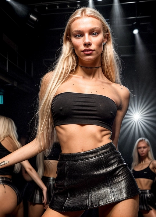 beautiful, (((18 year old))), scandinavian girl, blonde, wearing a small black crop top and mini skirt, dancing in a busy night club, sexy pose, beautiful, detailed skin, realistic detailed face, Rough skin, Skin blemishes, detailed pours, looking at the viewer, anorexic, dancing,<lora:dpmg_add_detail:1>, pale skin, perfect anatomy