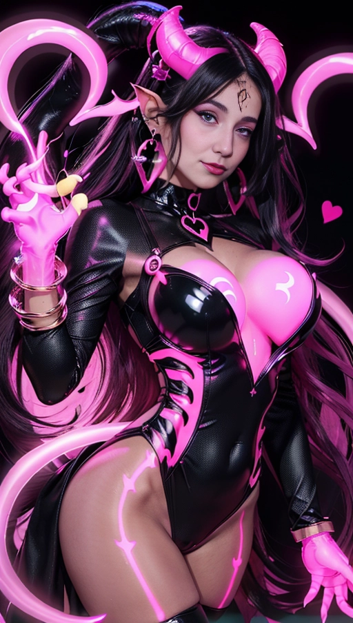 best quality, (((ultra high res))), (((detailed face and eyes))), (perfect face), (big shining heart choker), earrings, jewelry, (((big glowing succubus mark))), ((((big glowing succubus bodymark)))), (((conjuring))), (witch), ((long voluminous hair)), (((gloves))), ((black hair)), (((golden bracelet))), (((huge hair cuff))), (((pink skintight neckholder dress))), (((pink glowing dress))), ((face closeup)), (lipstick), (((neckholder))), ((((demon tail)))), ((black long sleeves)), ((purple glowing heart)), (((big cameltoe))), (((demon mark))), heart on womb, (((((bright pink glowing skin tone))))), (((straight black hair))), ((pink glowing clothes)), ((huge boobs)), ((luminescent))