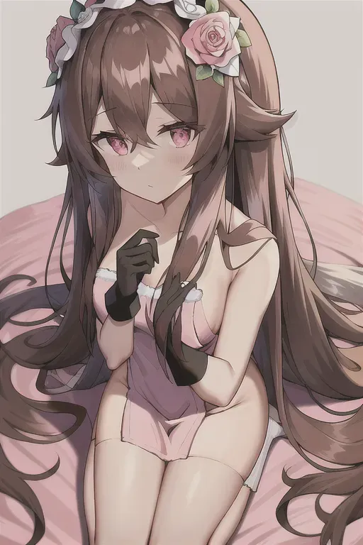 Flower crown, long brown hair, loose towel, high socks, black gloves, female, pink eyes