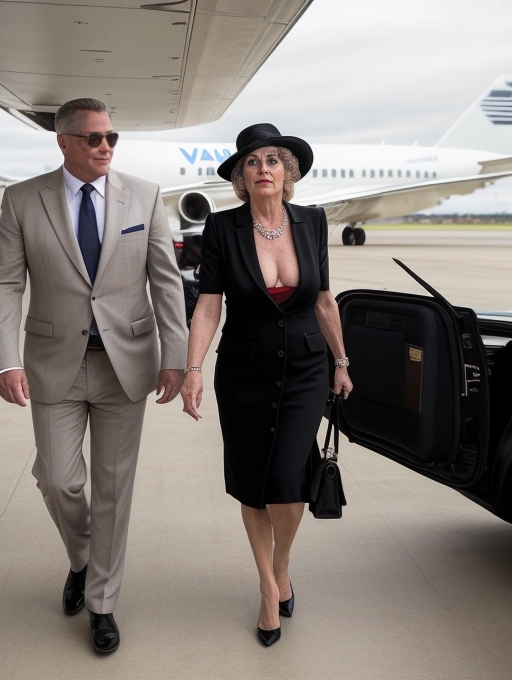 A naked mature middle aged lady, natural saggy breasts, aroused vulva, pot belly, is a bold and uninhibited VIP with her security body guards as she walks brazenly naked wearing only her high heel shoes, through the tarmac from her private jet at a public airport, Imelda Zammer, famous jazz singer, walking through the airport with her naked breasts and vagina on show for everyone to see. Oh darling are you getting a good look at my pussy.