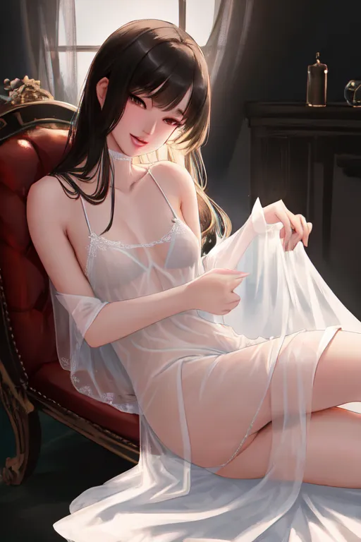 a 8k high detail photo full body shot of a gorgeous thin 18 year old skinny girl,(((wearing sheer semitransparent translucent nightgown))) ,((thong)) , showing pussy, sitting on a lounge chair, small natural breasts,five slender fingers ,silky hair ,beautiful face ,beautiful lips, sexually inviting smile,curved eyebrows,curved eyelid, sexually aroused ,satisfaction, expression of anticipated imminent sexual pleasure ,ultra realistic,smooth,8k,studio lighting, sexually excited,