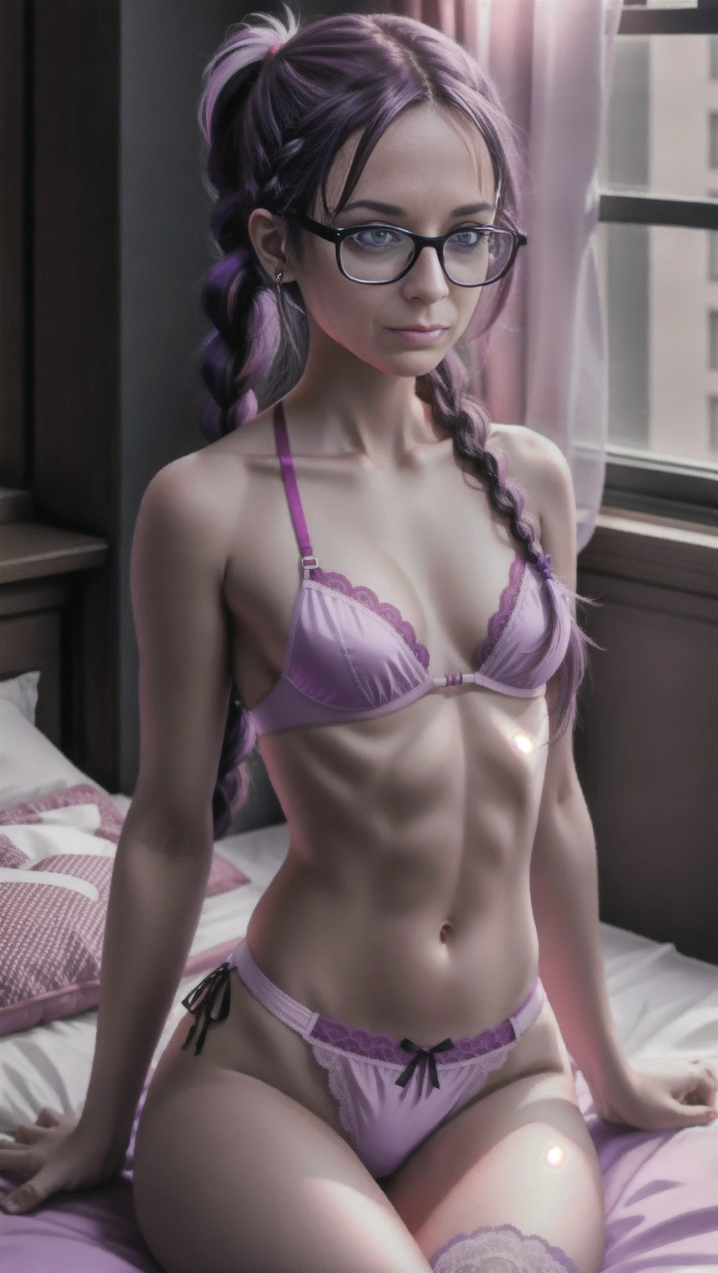 1girl, small breasts, flat chest, daemon, white skin, black long hair, braided ponytails, wearing glasses,red eyes, bedroom, night time, pink and purple lingerie,