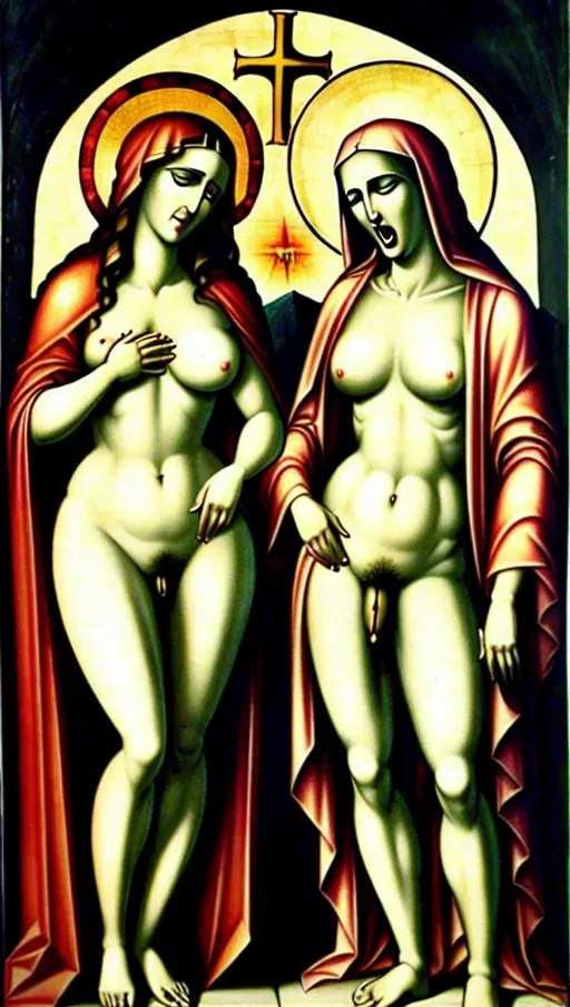 Jesus Christ and Mary Magdalene having anal sex. They both look evil. They both have halos around their heads. They are both naked. Jesus has a massive circumcised cock. Mary has massive breasts with firm nipples. Mary is screaming and crying in pain.