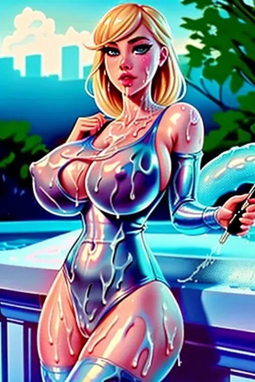 A detailed photo of Gwen Stacy from Spider-Man, covered in cum, semen, sperm, jizz, cumshot, huge load, extreme amounts of semen, photorealistic semen, wet, thick cum, sticky cum, heavily covered in semen, large breasts, (swimsuit), (ahegao), ((view from behind)), (side boob)
