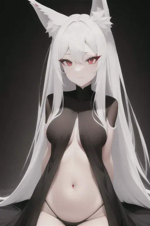 woman, wolf ears, wolf tail, long white hair, red eyes, black dress, sweet face, focused, small tits, nude, <lora:dpmg_upshirt:1>