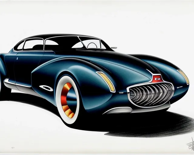 A rendering in airbrush, marker, and colored pencil, of a sleek sedan concept car styled after cars of the 1940's