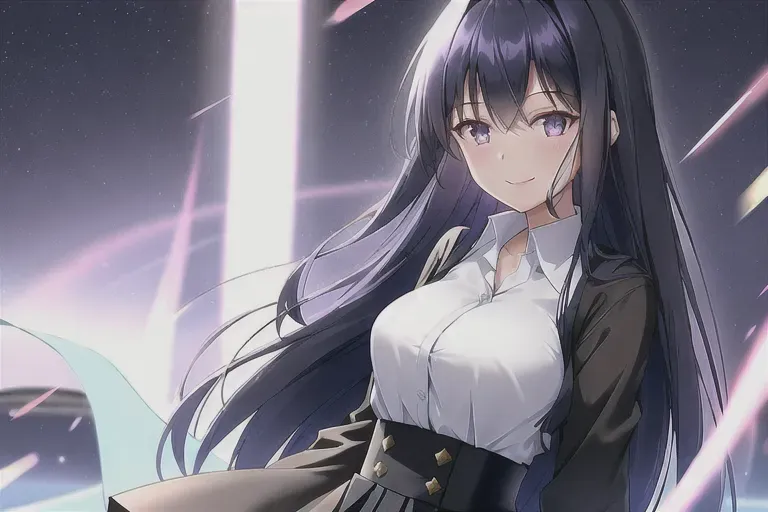 girl,long dark blue hair, cute face,purple eyes,smiling,smooth skin,light blue eyes,white shirt,long black skirt