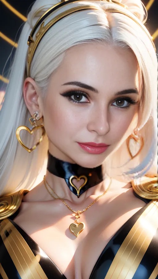 best quality, (((ultra high res))), (detailed face and eyes), hearts, perfect face, big choker, golden earrings, jewelry, ((eyes closeup)), glowing heart, golden heart necklace, big heart pasties, latex neck, white hair, covered by gold, golden skin
