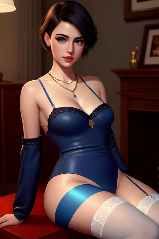 a oil painting of,a venezuela girl,wearing stockings,sitting,indoor,five slender fingers,short hair,beautiful face,beautiful lips,blue eyes,curved eyebrows,pale skin,cosy,wearing necklace,ultra realistic,artstation,highly detailed,editorial,bokeh