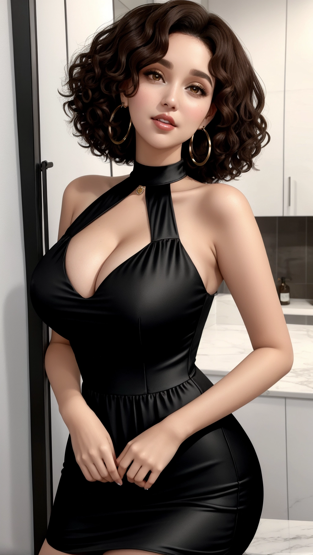 Short curly brown hair, milf, low cut black dress, hoop earrings,
