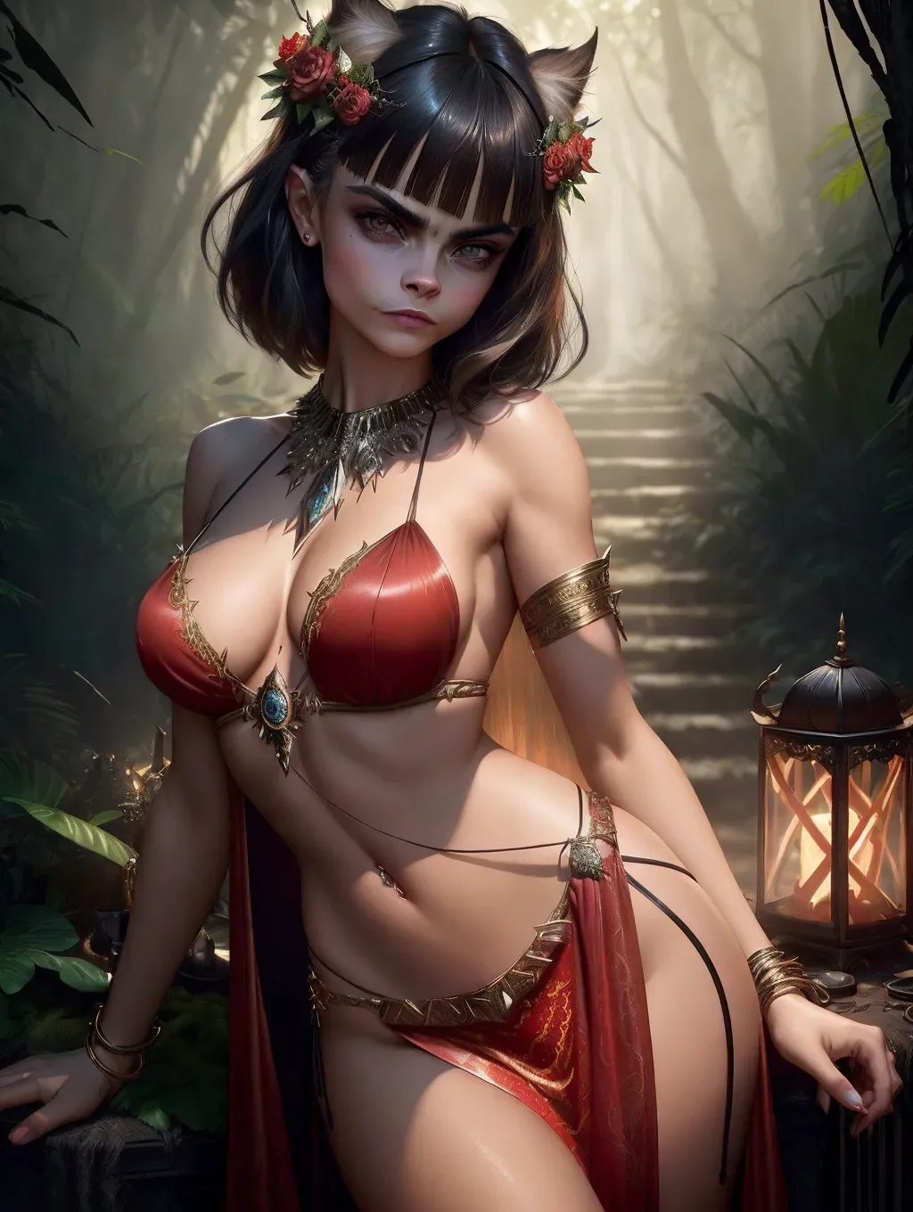 realistic HD photograph of, (((Cara Delevingne)))((accurate face)), (((As a evil pagan jungle goddess)))((in an pagan temple))((wearing a split side scaled red diaphanous pagan gown))(((wearing elaborate Bedlah))), very sexy pose,(((perky breasts))), (((slender athletic build))), (((mischievous smirking expression))),(((short straight blunt bangs haircut)))(((black hair))), beautiful face, beautiful lips,detailed large eyes,curved eyebrows,cgsociety,cinematic lighting,studio lighting,professional,editorial,