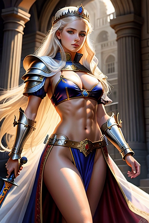 Concept artwork of a young Queen Mary of Denmark as a muscular sword maiden in a fantasy sixteenth century world, style of Boris Vallejo, BorisJulie.com, warrior woman, sword, bikini armour, NSFW, sexy body, 6 pack abs, muscular arms, muscular chest, perfect behind, muscular legs, vivid colours.