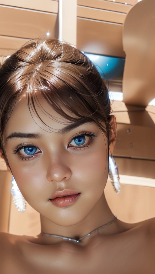 Masterpiece, (realistic, photo-realistic:1.37), A high 8k resolution photo shot of a aged rockstar woman, gorgeous round face, thoughtful expression, blue eyes, rosy cheeks, tanned yellowish skin, (shoulder length light brown wavey hair)), heavy eyeshadow, black eyeliner, (((completely nude))), long lashes, medium breasts, dark red lips, highly detailed skin textures, highly detailed eyes, blue plain background, wide body, wide round face, ((chubby cheeks)), wide and short neck, professional photograph, dramatic lighting, looking at camera, dimples