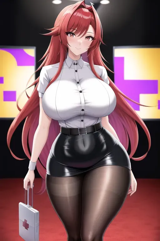 digital art, 20 year old, an anime girl, thicc, nurse clothes, holographic, red carpet, night, studio light, happy, 8k, professional