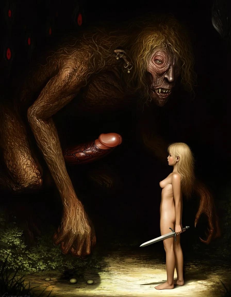 Background is dark evil forest, in the darkness a grotesque fantasy monster looms in the darkness, it has a giant erect human looking cock and balls, ((giant penis)),
In the foreground is a blonde girl, dwarfed by the size of the monster, she is naked and stands ready to face the monster, she holds a small sword,
masterpiece, best quality , oil painting, 1970s fantasy art, @frazetta