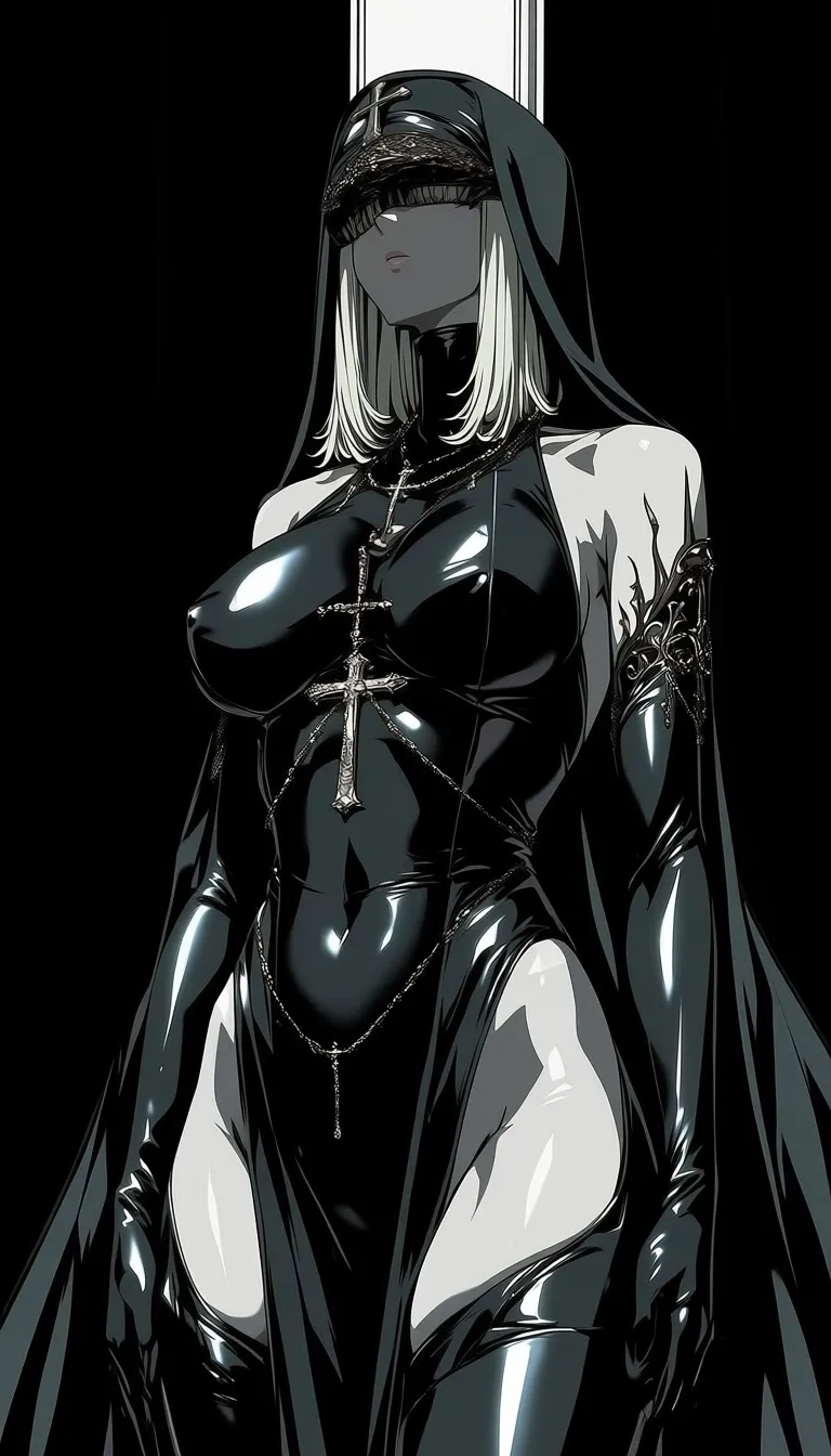 dark_art_style, 1girl, solo, alone, nun, cross necklace, masterpiece, highres