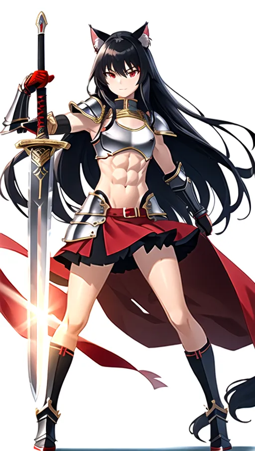 best quality, high details, flat chest, toned body, sixpack, black hair, long hair, red eyes, neko, cat ears, wide shot, full body visible, warrior, armor, heavy armor, red skirt, wielding a sword, big sword