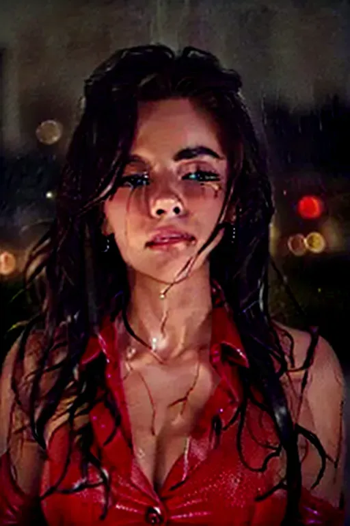 portrait beautiful (blonde:1.1) woman wearing a red business suit long sleeve button shirt caught in the rain long blonde wavy hair wet hair, busy city background night dark, (masterpiece:1.2) (illustration:1.1) (best quality:1.2) (detailed) (intricate) (8k) (HDR) (wallpaper) (cinematic lighting) (sharp focus) <lora:dpmg_wet_hair:0.9>