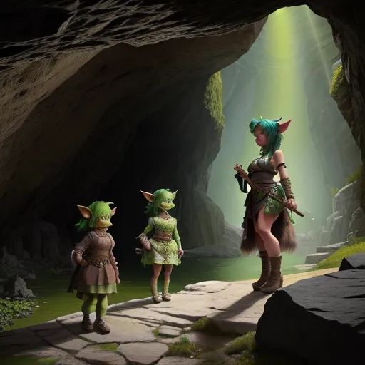 a close group of 3 goblin females with green aligator skin in a prehistoric age, in a cave, small curvy goblin women, wearing dress of tiger fur, perfect stone flooring, perfect faces, perfect female anatomy