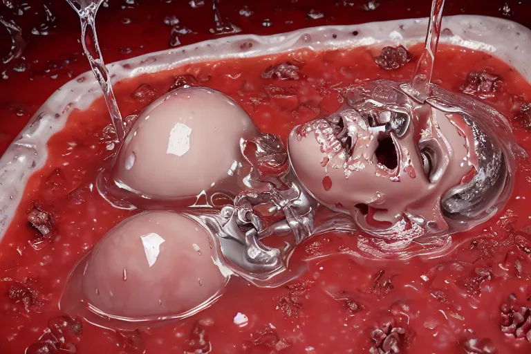 pregnancy big boobs woman in a belly of a slime monster, deep, crushed, tight fit, fetal, screaming, helpless, agony, horror,((( partially digested ))), (( body digested )), bloody, Meat, skinless,((( broken bones ))), cartilage, dismembered, disemboweled, (((( organs ))), soupy, melted, goo, glop, squishy, slippery, wet, slimy, pregnan, ((( Skin full of wounds bloody and bones can be seen ))), pregnant,((( bones ))),((( lies in a clear liquid ))), clear liquid, red wall in flesh optics as background, howls in pain,