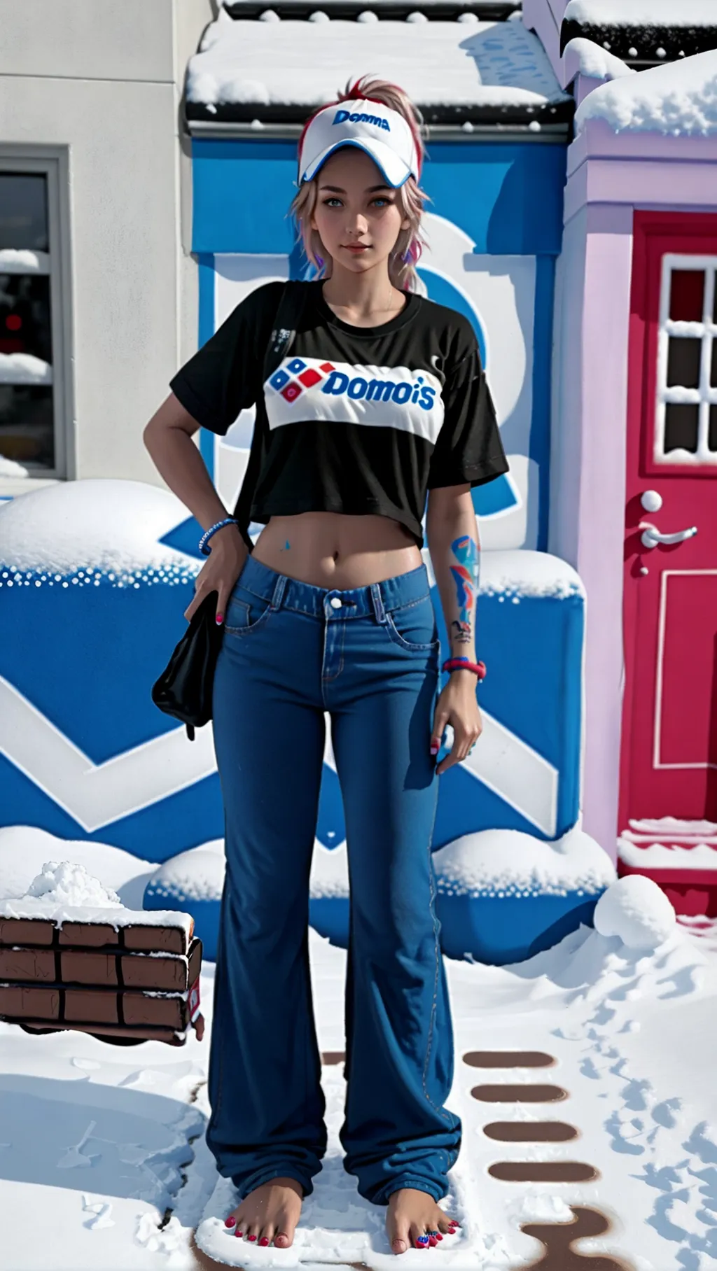 full-body image of a fit toned hot barefoot female Dominos employee girl wearing a Dominos uniform with a Dominos t-shirt and long black bell bottoms while standing on a house doorstep with a pizza box in her hand in the snow with graffiti paint on her feet, sexy feet, barefoot girl, topless, graffiti paint on feet, tucked in shirt, facing away from viewer,