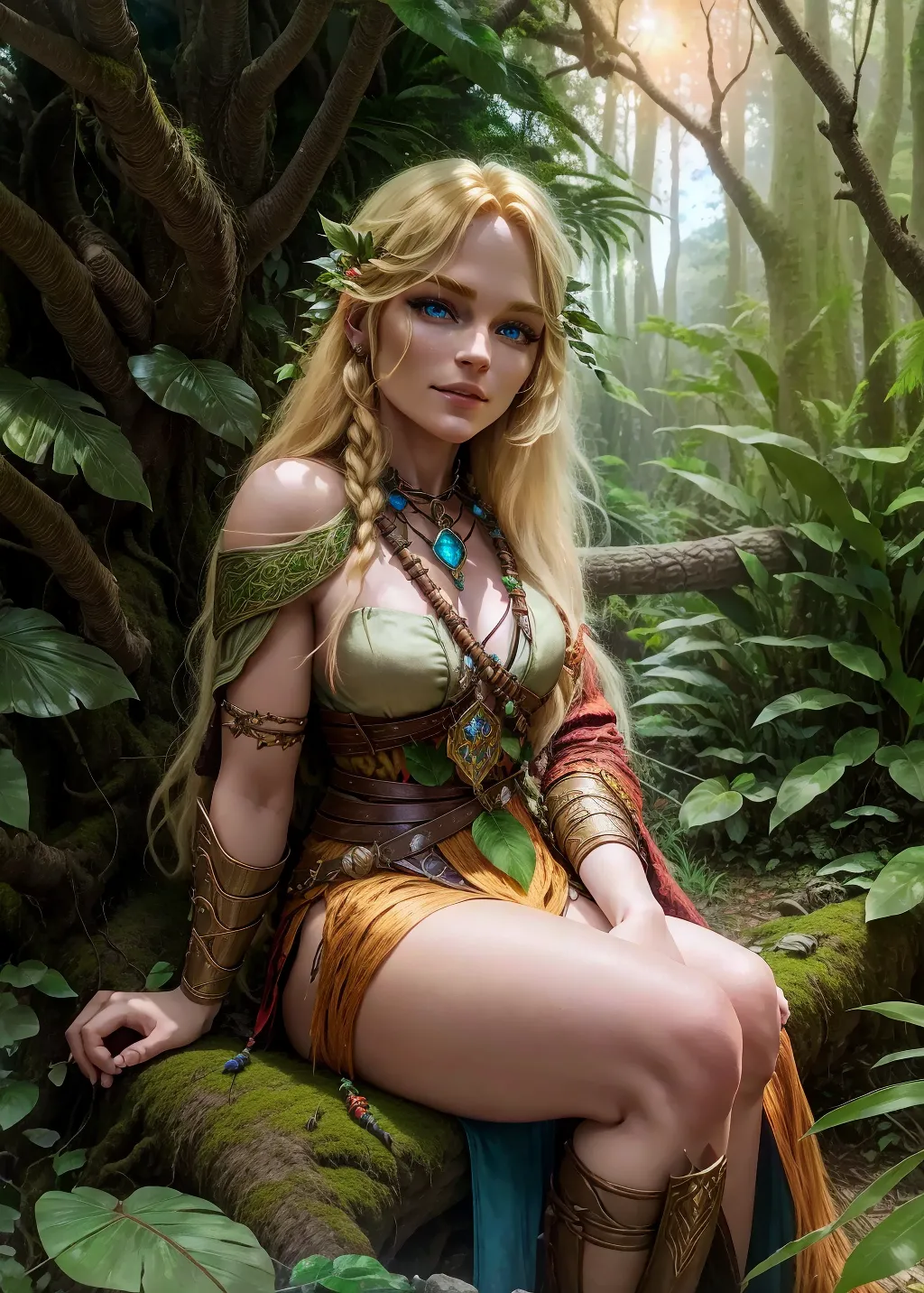 Dungeons and dragons human female druid, sitting in a magical tropical forest, long grass, flowers, squirrels, blonde hair, blue eyes, ray tracing, 5 fingers per hand, anatomically correct, HD resolution, 8K wallpaper, wide shot, photorealistic, sexy, leaves falling, sunset, warm lighting,