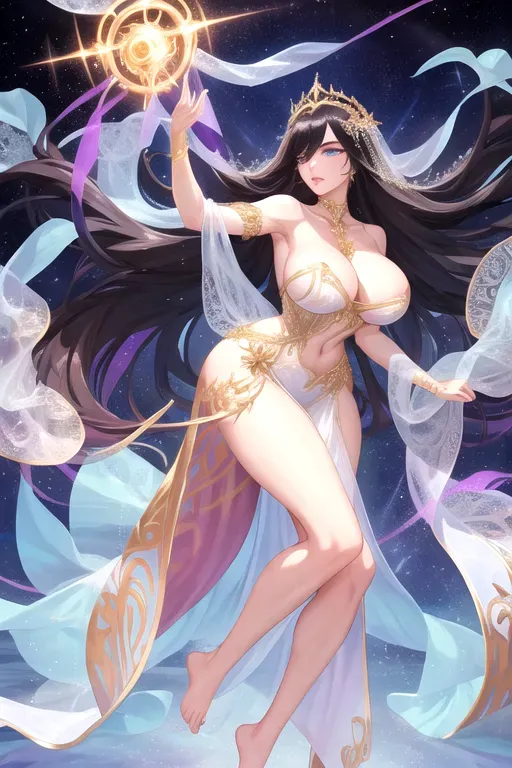 Graceful and slender body, Eyes that shimmer like deep pools of uncertainty, Long flowing raven-black hair, Porcelain-pale skin that contrasts with her dark hair, Full and luscious lips with a natural flush, Radiant smile with a perfect balance of warmth and mischief, Captivating hips, alluring sides, and shapely waist, Enchanting gaze revealing boundless compassion and unwavering faith, Mesmerizing beauty that seems to radiate from within, Form-fitting gown made from shimmering transparent otherworldly fabric, Intricate patterns and symbols on the dress reflecting dimensions and forces, Ornate choker-style necklace with an enigmatic sigil pendant, Elaborate arm cuffs adorned with arcane markings, Knee-high intricately designed boots blending modern style with surreal elements,Transparent diaphanous gown with iridescent patterns, Celestial belt adorned with stardust-like gemstones, Shimmering bracelets, Intricate tiara adorned with luminescent gemstones, Aphrodite, Tall and graceful, Radiant and flawless skin, Piercing alluring eyes, Long flowing hair, Delicate facial features, Perfectly arched eyebrows, Full rosy lips, Voluptuous and curvaceous figure, Draped in sheer flowing fabrics, Adorned with golden jewelry and intricate accessories, Wears a crown made of shimmering stars or intricate seashells, Carries an aura of irresistible charm and enchantment, Alabaster skin, Oceanic blue eyes, Golden sun-kissed hair, Exquisite collarbone and shoulders, Back that arches with elegance and sensuality, Hips that sway with a mesmerizing rhythm, Legs that move with the grace of a dancer, Feet that leave a trail of beauty and desire in their wake, Elegantly sculpted collarbone and shoulders, Waist with a gentle curve, Thighs that hold the promise of both strength and softness, Calves that exude grace, Feet that seem to tread upon the petals of desire, Radiant and confident posture, Fingertips that trace patterns of enchantment upon the air, Delicate and timeless features, High cheekbones, Piercing deep blue eyes, Arched eyebrows, Long eyelashes, A perfectly sculpted nose, Lips as inviting as rose petals, A jawline that balances strength and femininity, Voluptuous and curvaceous figure, Graceful neck, Collarbone and clavicles, Ample and inviting bust, Waist that curves gently, Hips that sway with an entrancing rhythm, Thighs that are both strong and soft, Legs that move with the fluid grace of a dancer, Feet that touch the earth lightly, Skin that seems to radiate a divine luminance, Aphrodite