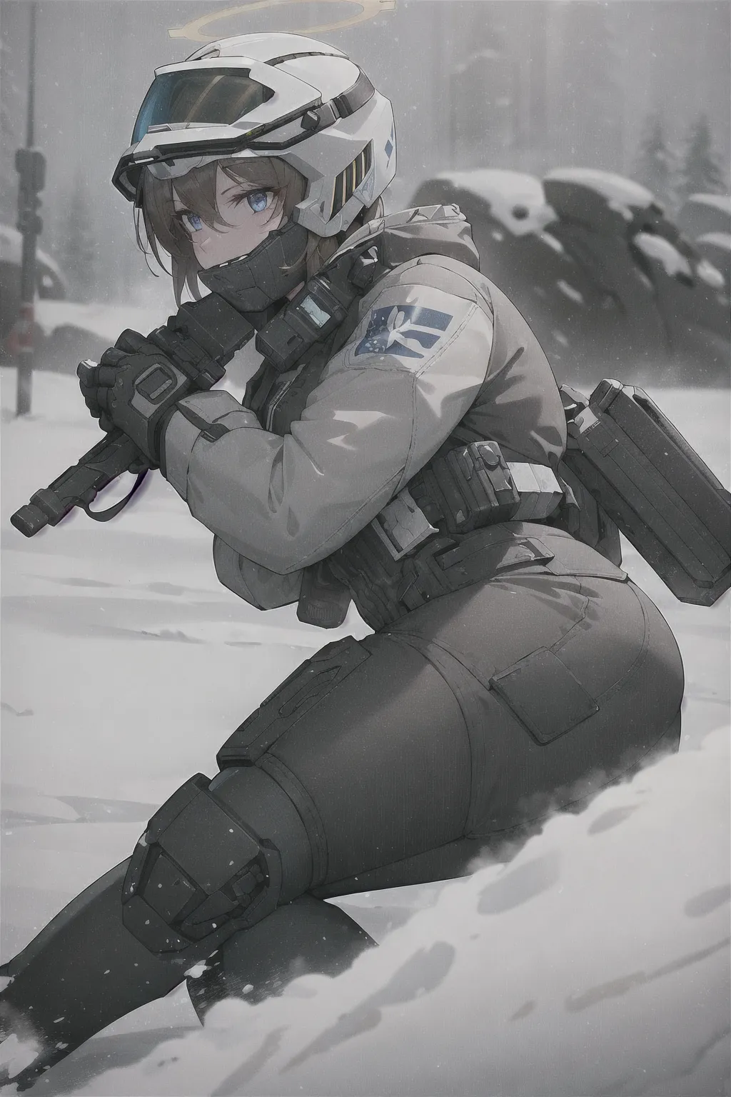 ((masterpiece)), halo spartan, full face helmet, female, best quality, in a snowy battlefield, fighting