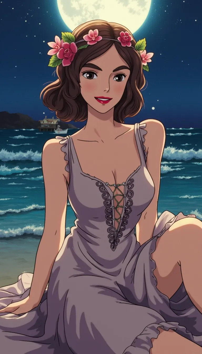A high-resolution anime-style illustration with subtle impressionistic undertones, featuring refined, elegant brushstrokes and a warm, mystical atmosphere. A woman leans slightly forward as she smiles mischievously into the lens with a playful, teasing gaze, surrounded by a halo of soft, ethereal light. Her wavy brown hair is styled in a whimsical, romantic fashion, framing her face and accentuating her features, and her lips are painted a deep, bold berry red as she smiles, her expression drawing the viewer in with an irresistible sense of enchantment and wonder. She wears a flowing, bohemian dress with intricate, swirling patterns and a garland of flowers in her hair, as she sits on a moonlit beach, the waves gently lapping at the shore behind her, and her eyes sparkle with a hint of magic and mystery.