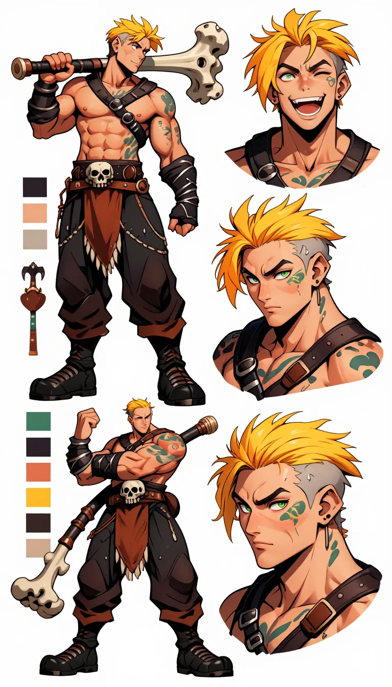 CharacterDesignIZT. This is a Character design sheet showcasing a stylized depiction of a muscular male, rendered in a vibrant, anime-inspired art style. The background is white, A color palette swatch is included in the image, showcasing the main colors of the character.
Muscular man with tattoos, blond, short hair, green eyes. Primitive clothing with worn leather pants, he holds a giant bone weapon, a leather belt with a skull hanging from one end, Viking-style fantasy clothing.
The character is depicted in three poses: a full-body view, a headshot, and a close-up of her face.
multiple facial exaggerated expressions in each perspective; happy with open mouth and one eye closed, angry, serious.
The illustration presents three views of the character:
1. A full-body view from the side, showing her standing with a slight tilt of her head and a epic posture.
2. A close-up of her face from the front, showcasing her smile expression and hairstyle.
3. A side profile view, highlighting her facial features.