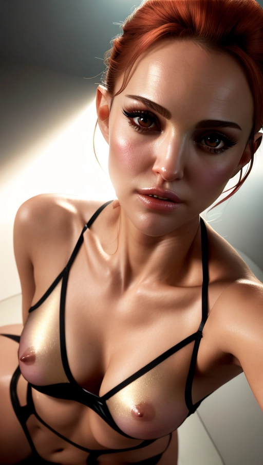 an pornographic photo of, Natalie Portman, thin wiry body, high cut sheer see-through leotard, visible nudity under clothes, hair worn in an updo, red hair, bright light beams clashing behind, in the Marvel Cinematic Universe, realistic eyes, small pupils, curved eyebrows, flawless face, cgsociety, unreal engine, highly detailed, artstation, deviantart, sharp image, centered, volumetric lighting, hyper-realistic, backlighting, studio lighting, pornhub, xvideos, xhamster, xxx, dirty, sexy, smiling, view from above, dpmg_pov_blowjob_v1