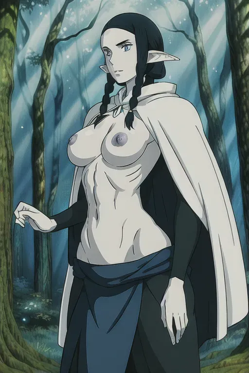 Black hair, braided hair, pale skin, tall muscular, athletic body, blue eyes, medium breasts, wide hips, nipples, elf woman, cloak, beautiful face, forest background, pubic hair, freckled chest, freckled face, <lora:dpmg_ghibli_style:0.92>