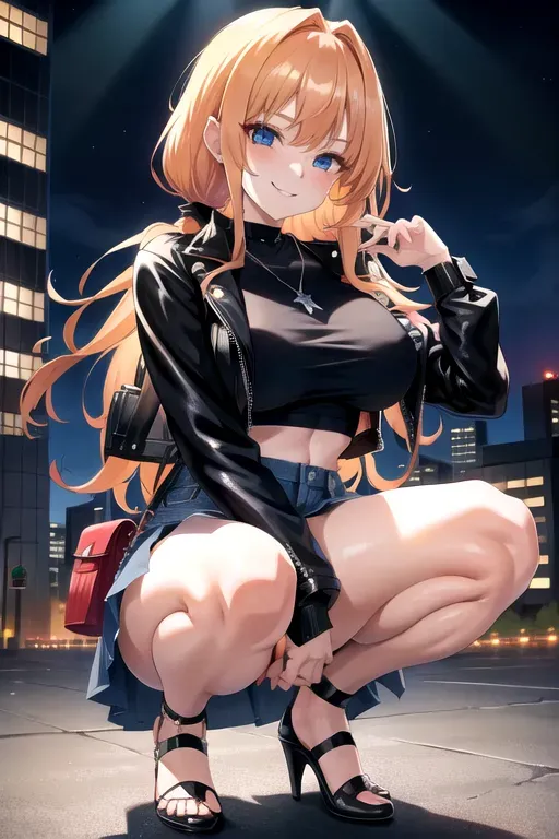 full body, strawberry blonde hair, hazel eyes, short girl, denim miniskirt, black high heels, looking at viewer, long hair, pale skin, silver necklace, black crop top, 24 years old, giant breasts, cute face, pov, wavy hair, city environment, Oklahoma City, wide eyes, erotic, skirt tug, leather jacket, nighttime, black backpack, slim body, low pigtails, squatting, smiling, showing vagina, upskirt