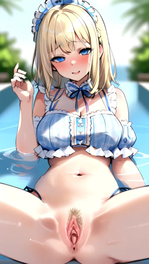 Sketch, ((frilly bikini top)), blue eyes, blonde hair, bangs, (((cute))), young, ((pubic hair)), (((busty))), 18yo, laying on side, ((pussy in view))
