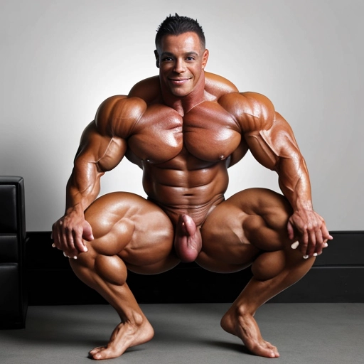 muscular professional championship mr olympia bodybuilder, nude stroking his hard girthy cock. full body view