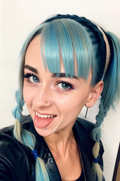 <lora:PN7xrGpnVMg_Ashley:0.9>
(((naked))), (realistic tongue, dpmg_awaitingtongue_v1), ((cum on her face:1.1)), ((tiny_breasts)), ((skinny muscle_girl:1.3)) , (dpmg_face_cum_v1:1.5), (((blue hair, bangs hair, pigtails))), (wearing a high-collar latex trenchcoat),