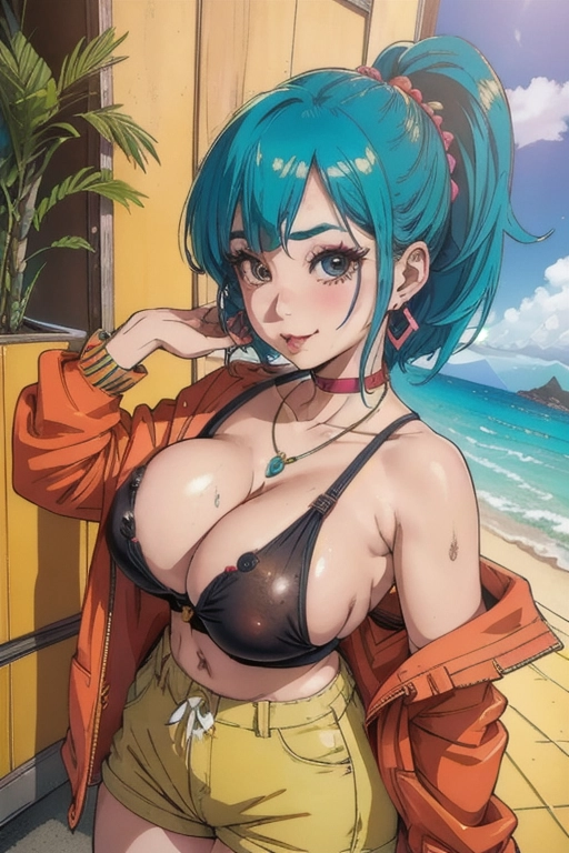 bulma, happy, hawaii, (makeup:1), (random face:1.4), (outfit:1.5), cleavage, 8k, UHD, nice (breasts:1.4), nipples, (slut:1.4), (cum:1), jewellery, earrings,