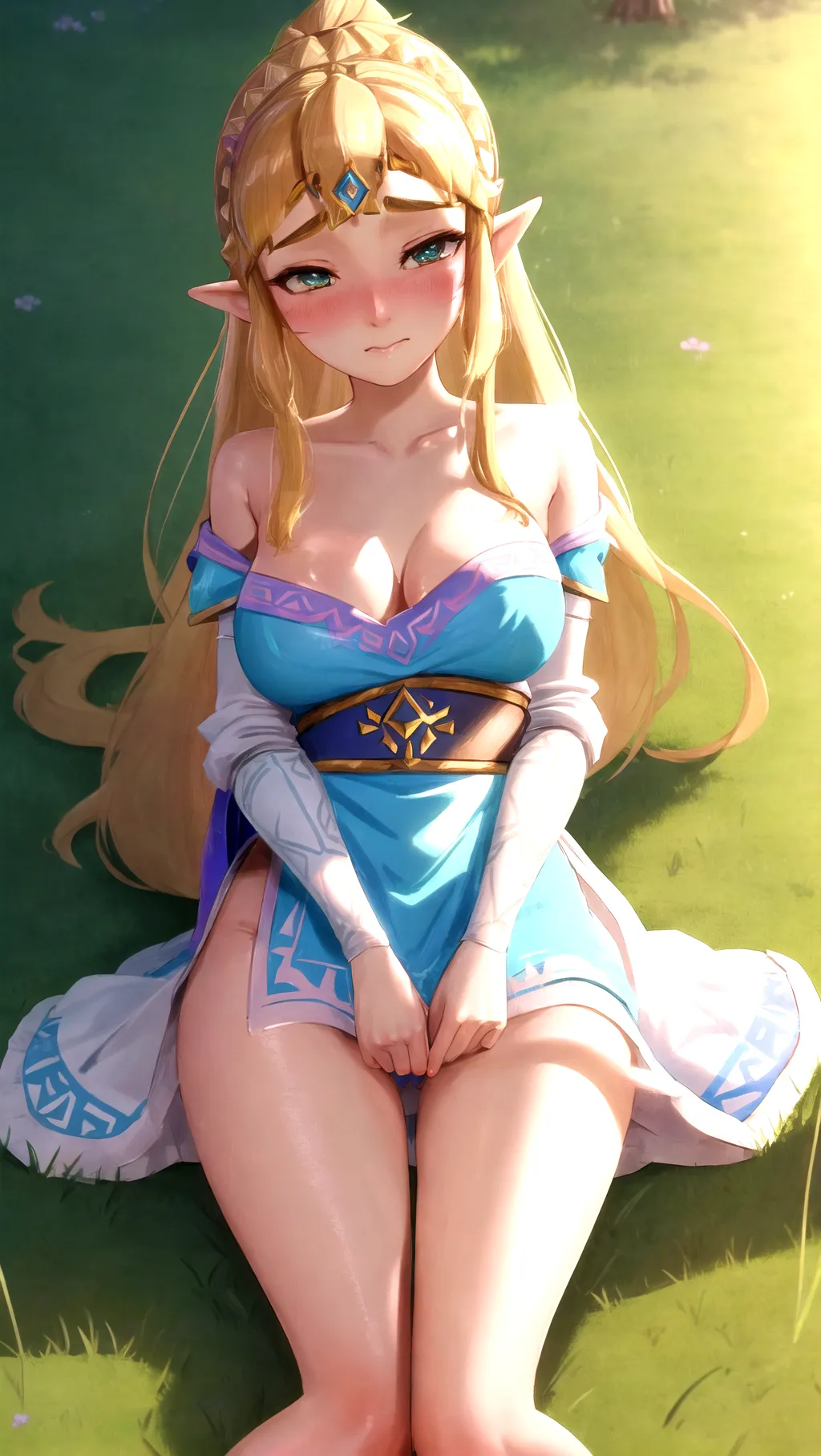 Princess Zelda, from breath of the wild, 3d render, celshading, young, cute, medium sized breasts, thin waist, laying on back in the grass, squinting eyes, spreading legs, naked, looking at camera, innocent look, blush, shy, embarrassed, nervous, hyrule castle in the background, upskirt, open pussy, highly detailed pussy, highly detailed skin texture, shiny skin,