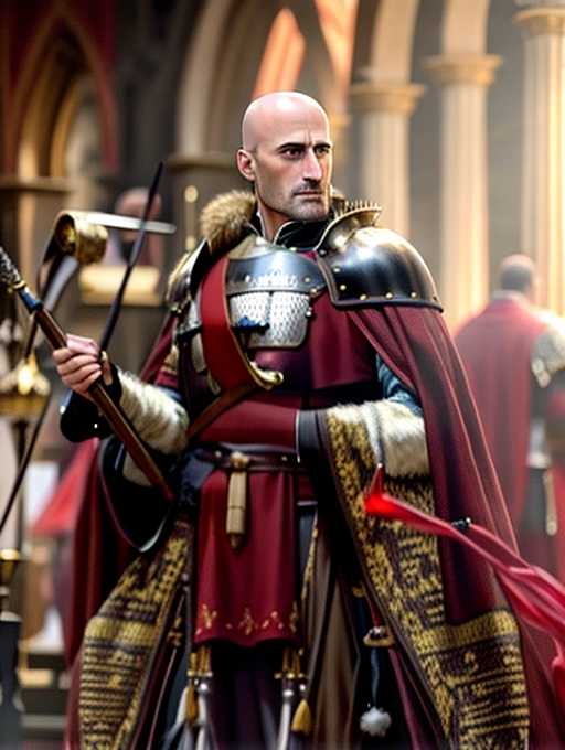 intricate highly detailed photorealistic realistic ultra realistic sharp focus with mark strong dressed in medieval lion armor with red accents