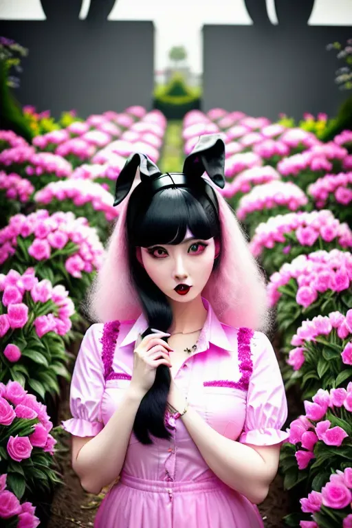 photograph, 20 year old, a bunny girl, slim, goth clothes, pink, garden, day time, studio light, scared, 8k, professional