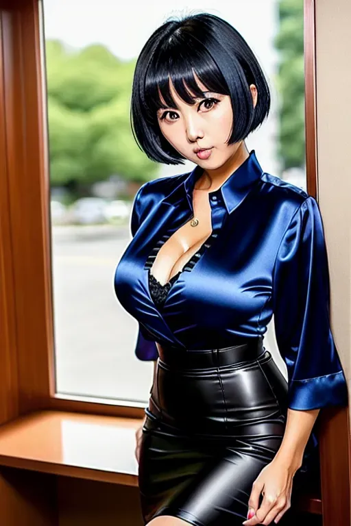 best quality, smooth skin, short black hair, blunt bangs, black hair with blunt bangs, motherly expression, St Louis silver dress, St Louis Azur Lane, large breasts, Japanese girl, Asian girl, small woman, blue eyes, milf, satin blouse, plunging blouse, cleavage, leather pencil skirt,