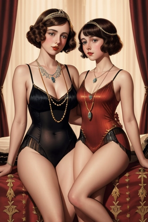 1920s style, beautiful young Queen Elizabeth the Queen Mother and her young daughter Princess Elizabeth as flappers, aged 20, ((accurate face)), dark hair, full body and thighs visible, elegant bedroom, sexy period leotards