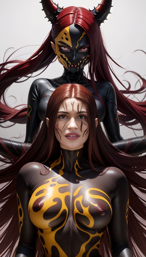 ((Burgundy red and yellow symbiote girl)), ((hair-raising symbiote)), ((burgundy red and yellow symbiote goo)), ((((burgundy red long hair with yellow strands)))), ((red and yellow symbiote goo suit)), (yellow strands), (((symbiote goo face))), (((((symbiote goo hair))), ((((symbiote goo face transformation)))), symbiote goo body