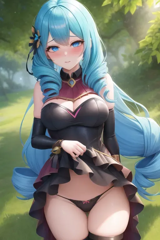 gwen (league of legends), showing her panties, 1girl, looks like gwen from league of legends black bow hair ornament, x, x hair ornament, black legwear, blue eyes, blue hair, black panties, wearing black panties, drill hair, dpmg_lol_gwen_v1, hair ornament, highres, league of legends, long hair, solo, blush, erotic, nsfw, high quality, best quality, masterpiece, blushing