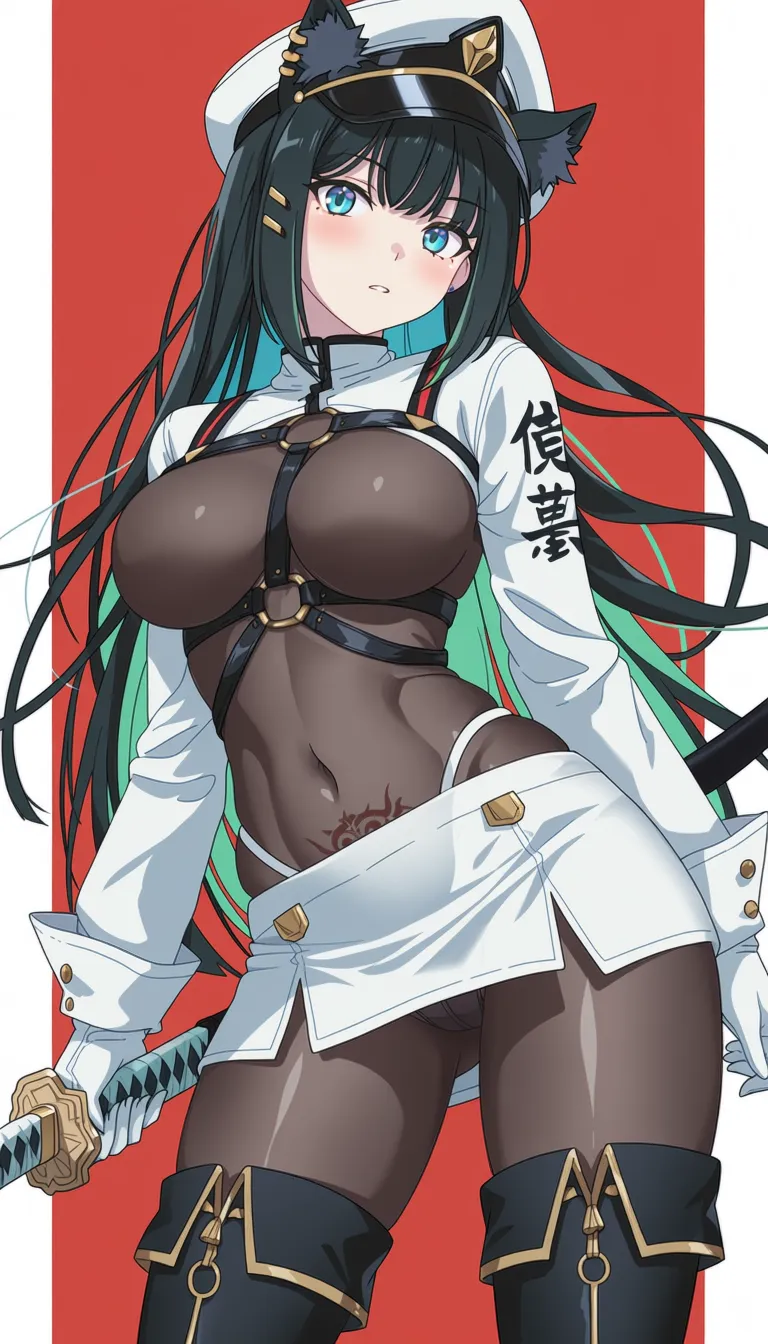1girl,
score 7, ultra detailed, fair skin, high contrast, breasts, weapon, sword, long hair, gloves, solo, hat, large breasts, pubic tattoo, animal ears, white gloves, holding weapon, katana, black hair, boots, looking at viewer, holding, tattoo, thigh boots, holding sword, cleavage, thighhighs, piercing, covered navel, underwear, panties, sheath, aqua eyes, shrug \(clothing\), high-waist pantyhose, peaked cap, ear piercing, cat ears, harness, animal ear fluff, pantyhose, parted lips, blue eyes, bodystocking, ass visible through thighs, multicolored hair, cowboy shot, patreon username, chest harness, skindentation, blush, bodysuit, thighs, simple background, contrapposto, green hair, long sleeves, navel, earrings, between breasts,
A striking anime-style character with long, flowing black hair and pointed animal ears stands in a confident pose. She wears a distinctive white uniform featuring a high collar, a short skirt, and thigh-high boots, accented by black straps across her chest. Her outfit is detailed with Japanese characters on the sleeves and a small tattoo on her hip. The character has a serious expression and is holding a katana in one hand, with a red and white background behind her.
best quality, score_9, very aesthetic, sensitive, explicit