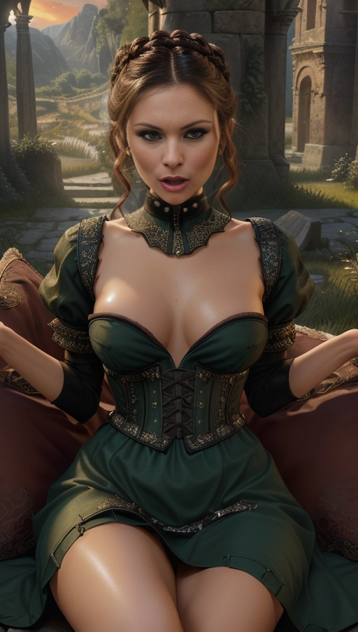 MyAnna Buring like Tissaia in the the witcher tv series, ((she is sitting on some pillows spreading her legs to show pussy in front of a detailed mystic dusk magicportal in some medieval ruins and myst)), (she wearing a long darkbluegreen1870s dress with a high collar), ((magic portal and flames in background)), ((angry orgasmic o-face mouth open facial expression)), ((View form above)), ((her dress dont cover her pussy and tits and ass)), ((braided bun)), ((brown short hair)), ((short hair)), (((naked tits and Pussy))), sparkling eyes, broad face, (looking at viewer), ((accurate face)), extra detail, detailed background, dynamic lighting, high contrast light, afterglow, epic cinematic front lights, ((insanely high detailed finish on everything)), intricate artwork, ray tracing, well lit, God rays, high detail, sharp focus, complex concept art,digital painting, 32k,best quality,HDR,UHD,RAW,best quality, fantasy illustration,high contrast,key visual, ((five detailed finger per hand))
she is very slim with thin waist, thin hips, thin thighs, medium sized breast, small ass, well-lit body, perfekt pussy, hyper-maximalist, intricate beautiful hair,hyper-realistic cute confident stunningly beautiful gorgeous nubile attractive high-class rich spoiled posh woman, slim erotic feminine body, skinny,
dpmg_pov_missionary_v1, <lora:orgasming_face:1>