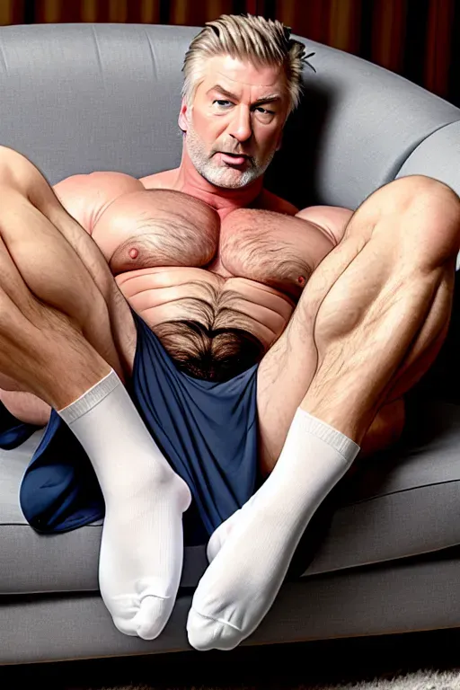 alec baldwin, muscular, white and grey hair, blue eyes, hairy body, thick body, serious expression, resting on couch, wide detailed realistic soles, professional photography, taking socks off, dress black socks, daddy, underwear, big bulge, man
