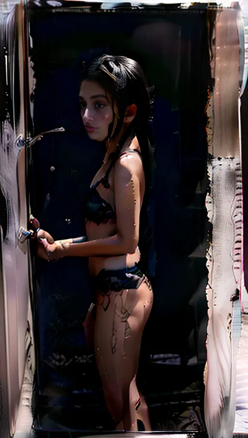 8k resolution, high resolution, best quality, masterpiece, Hyper realistic,
Perfect lighting,
Cute realistic detailed face,
((small breasts)), slim body, skinny, her hair in a messy bun, wet skin texture, sexy, black eye shadow, long lashes, black lips, topless wearing only black lace panties and garter belt with realistic detailed textures, boudoir background of high rise window in the evening, seductive expression, sexy pose, <lora:dpmg_wet_hair:1> dpmg_face_cum_v1 <lora:lick_my_feet:1> <lora:dpmg_girl_in_glass_jar:1> <lora:pet_shaming:1>