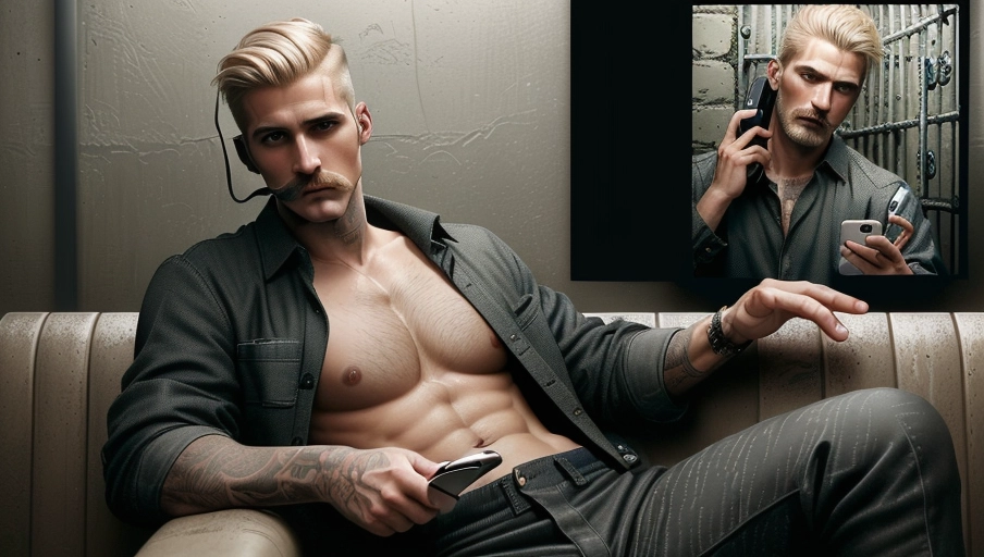 ((2 men)), 8k, top quality, high res, masterpiece, ((photorealistic)) Best image of a perfect handsome thirty something man with dirty blond hair (high tight faded haircut) and blue eyes. He has a chiseled jawline and light colored mustache. He is very thin but lean and is sitting cross legged on a navy colored sectional sofa dressed wearing modern athleisure clothing. He is seen from the side facing his tv and is watching an inmate on his big screen TV in a chic downtown apartment: 1.9). (The highly detailed handsome 30 year old dark-haired inmate on the TV screen dressed in prison attire is seen on screen in a jail holding a phone up to his ear while he looks at a tiny screen on the wall: 1.8). the photo shows 2 men. blond man is real, the dark haired male inmate is on tv screen in the blond mans apartment. real man stroking his own big leaking detailed perfect male penis. rugged inmate on tv screen gives a sexy look. blond guy with mustache is watching tv with his dick in his hand. cock. jerk off, masturbate, big dick, masturbate to tv, rugged, gritty, steele, mood light, horny, sexy, orgasm, warm, (((textured skin))), looks like a real photo of real man on sofa, other man is sexy highly detailed dark haired man on a television screen
